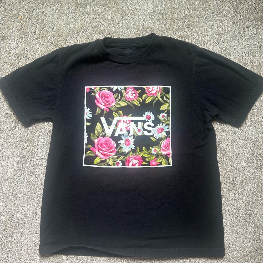 Youth Small Vans Black Tee with Pink Rose Square Graphic